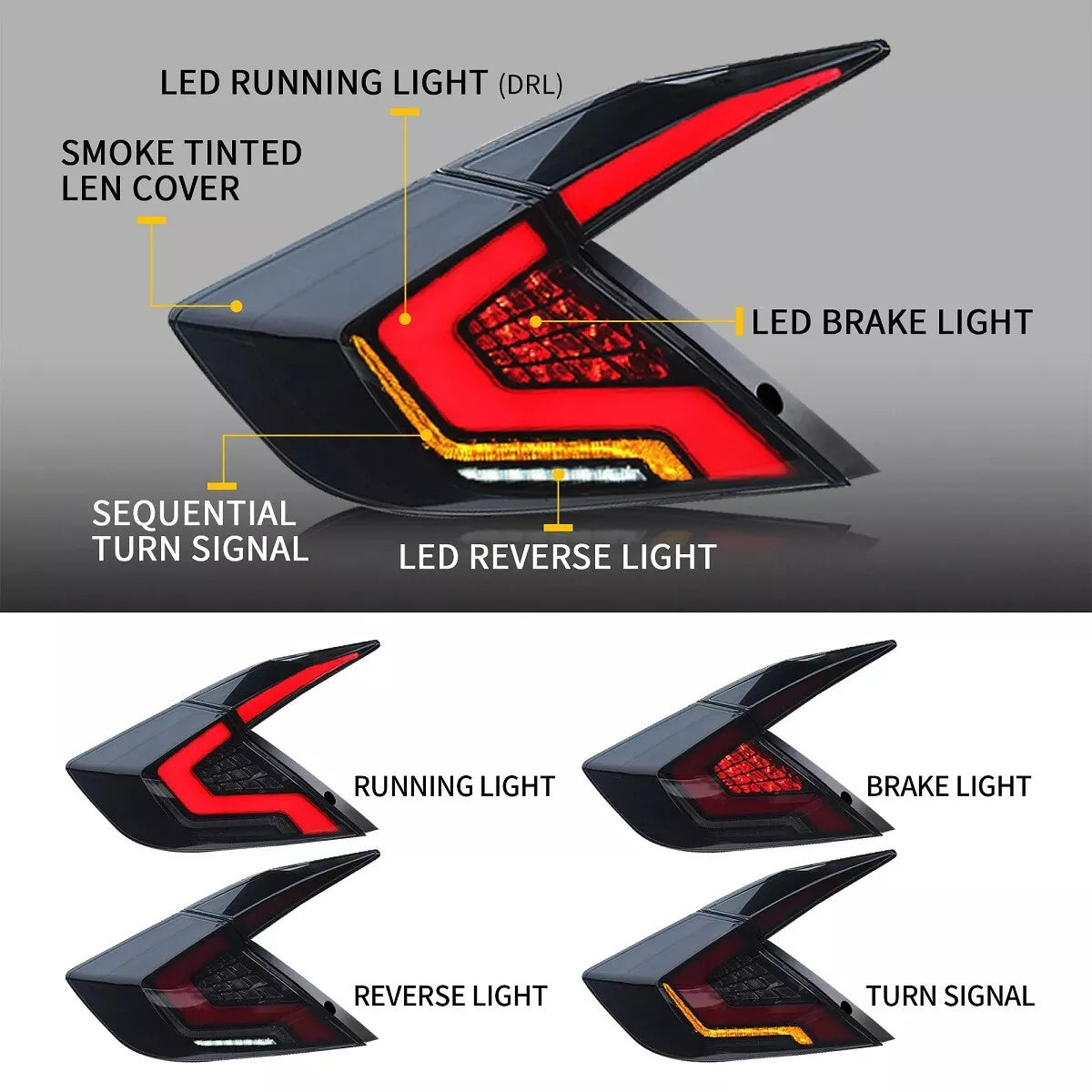 Smoked G Series Style LED Taillights Set - Honda Civic 10th Gen 2016-2021